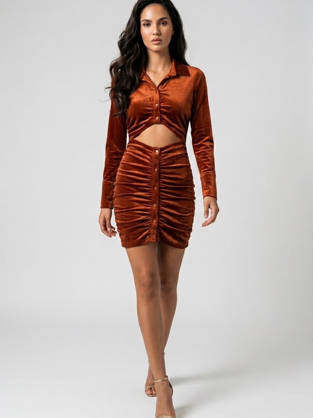 LACAUSA Rust Velvet Ruched Button-Front Mini Dress
